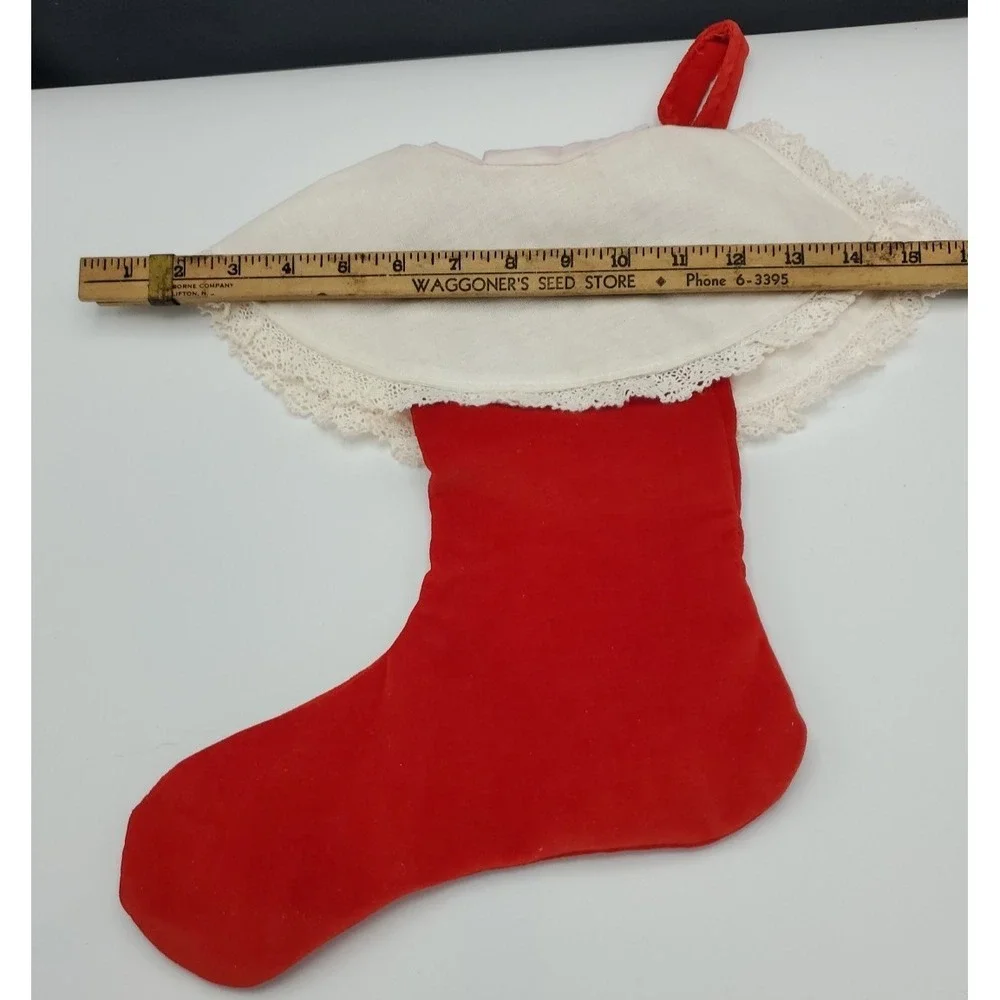 Hand Made Red Velvet Christmas Stocking With Wide Linen‎ And Lace Collar